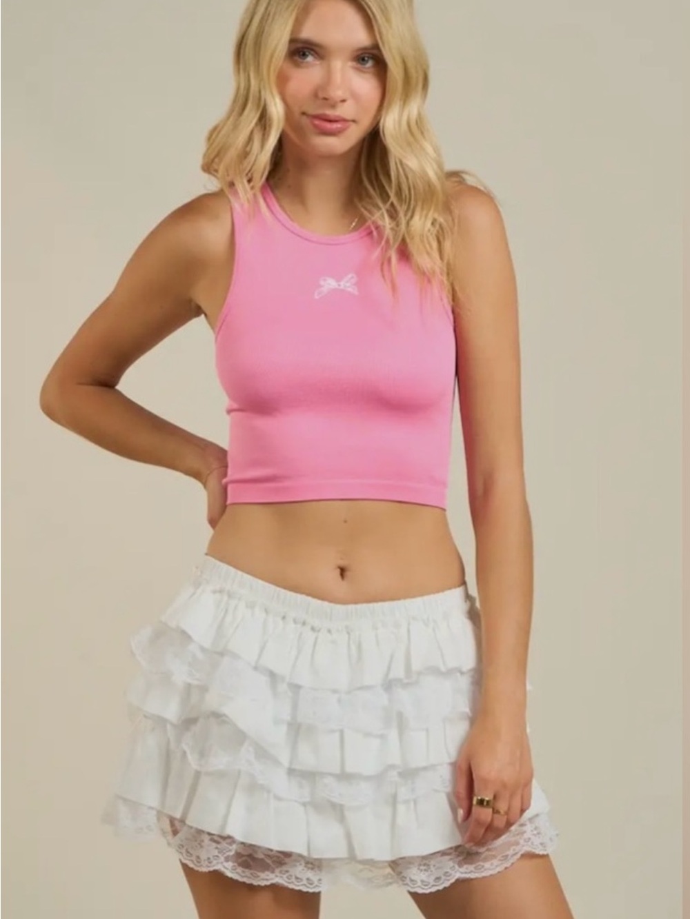 🆕💖Anwnd Pink Bow Ribbed Tank